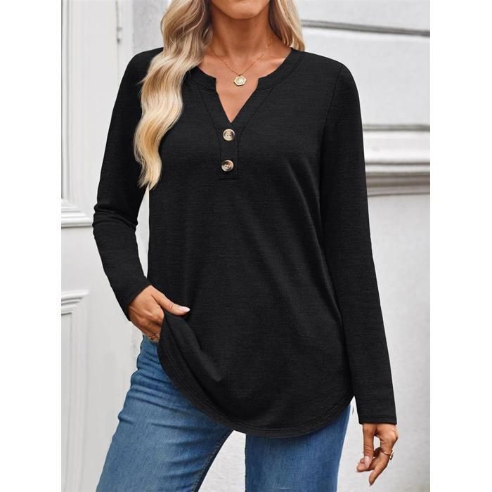 T-shirt da donna a maniche lunghe, primavera, scollo a V, casual, nera