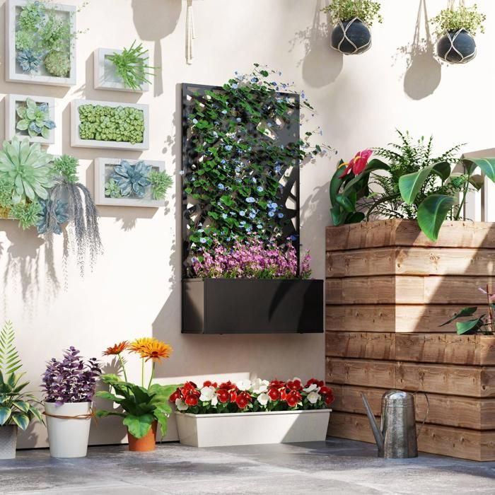 Jardinière avec brise-vue paravent treillis - Outsunny - bac à Fleurs - dim. 61L x 23l x 113H cm