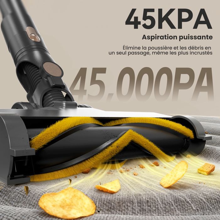 Aspirateur Balai Sans Fil Lamzien V8 Max - 45000PA/45min - Filtration Efficace -3 Modes - Anti Emmêlement - Lumière Verte