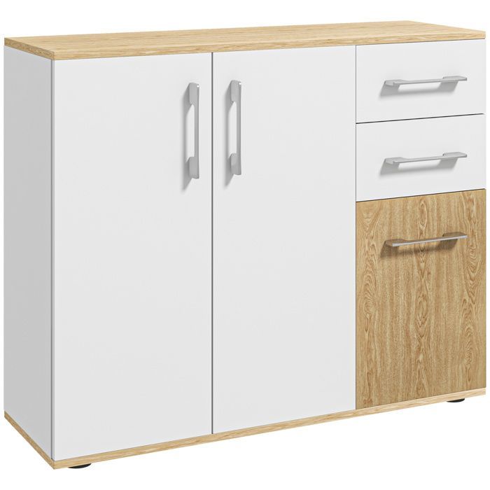 Aparador - HOMCOM - 3 puertas, 2 cajones y estante ajustable - tablero de partículas - 90 x 30 x 75,5 cm - madera blanca y natural