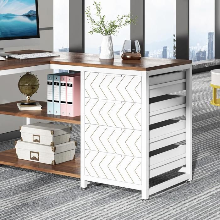 TOPESCT Bureau d'angle réversible en forme de L avec 4 tiroirs et 2 étagères pour Bureau, 155 x 110 x 75 cm,Noyer et blanc