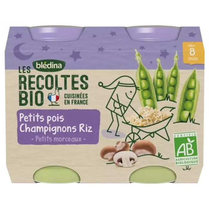 Petits Pots Petits Pois, Champignons, Riz - BLEDINA - Les Récoltes Bio - Texture lisse - Dès 8 mois