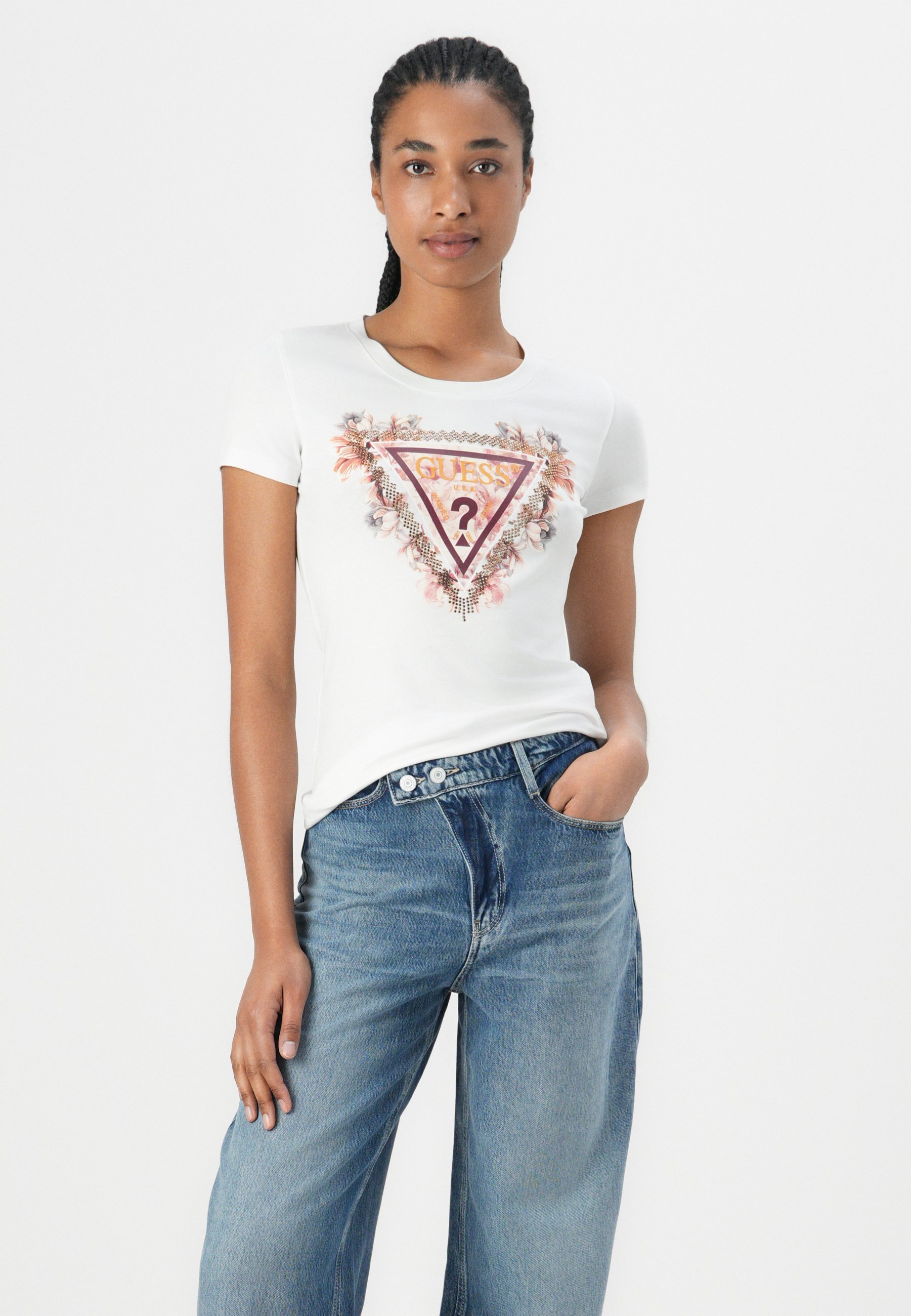 Guess TRIANGLE FLOWERS T-särk - Printitud T-särk - puhasvalge