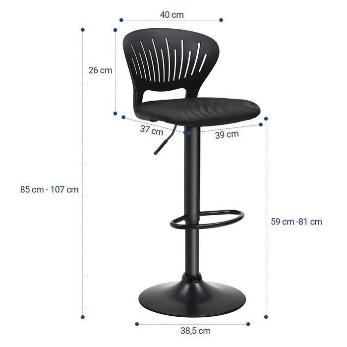 SONGMICS Tabouret Bar, Lot de 2, Siège, Réglable en Hauteur, avec Dossier Incurvé, Assise Rembourrée, Pivotant à 360°, Noir