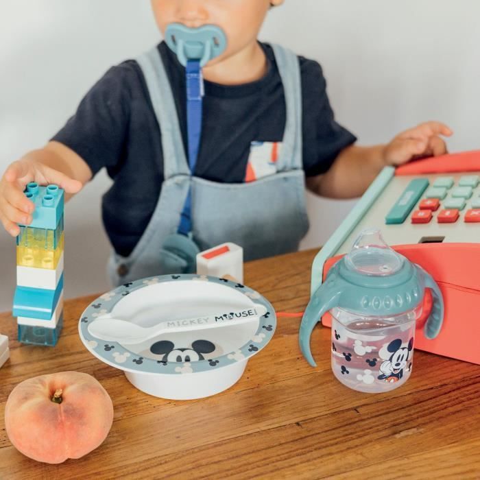 Kit per la prima fase di pappa THERMOBABY MICKEY: 1 biberon + 1 ciotola con cucchiaio + 1 tazza con manico + set di 2 posate