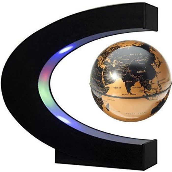 Globe Terrestre Lumineux - Créatif - Flottant Magnétique - LED - Base en Forme C - Or et Noir
