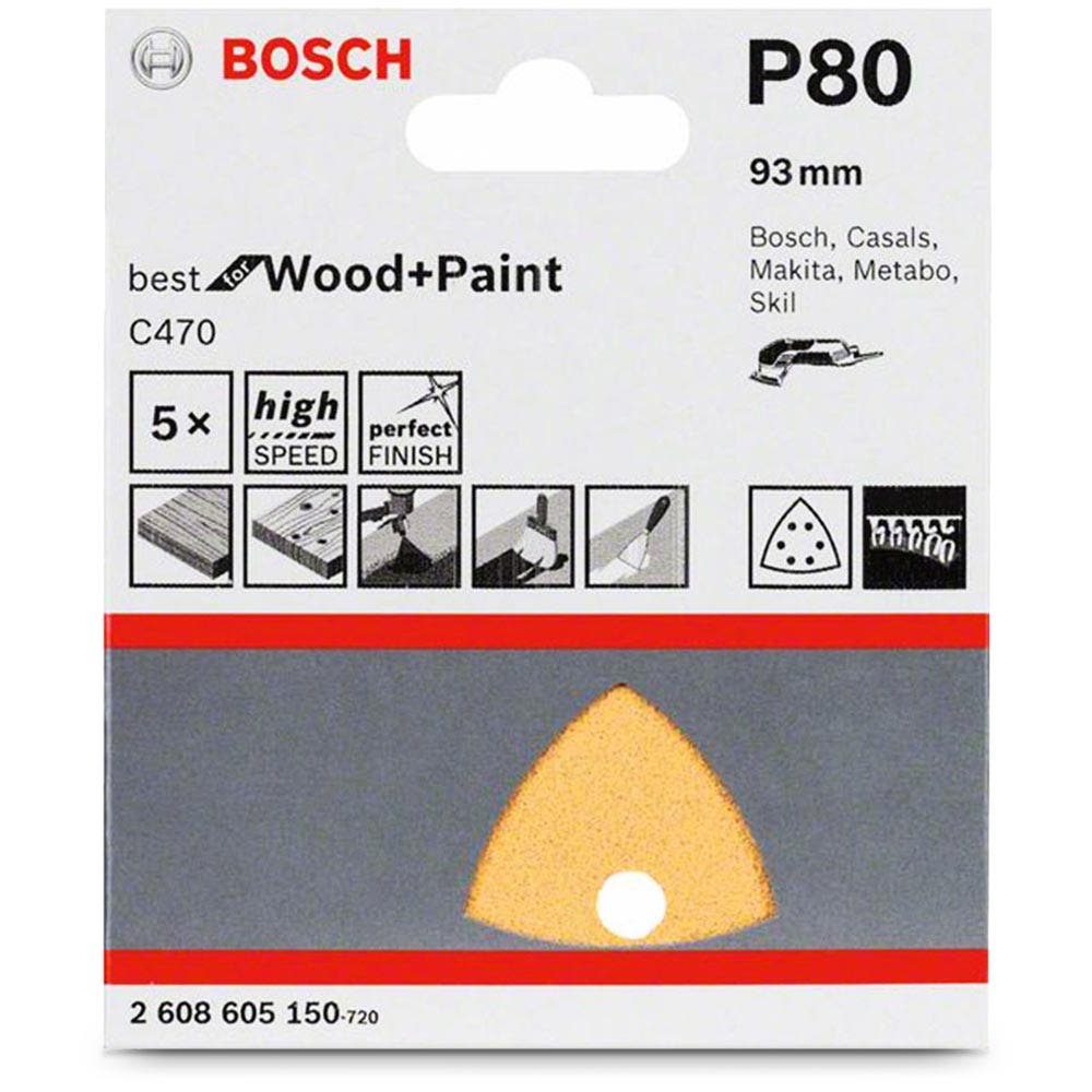 Șmirghel BOSCH Delta 93 mm, granulație 80, 6 găuri, Velcro, pentru lemn și vopsea - C470, 5 bucăți