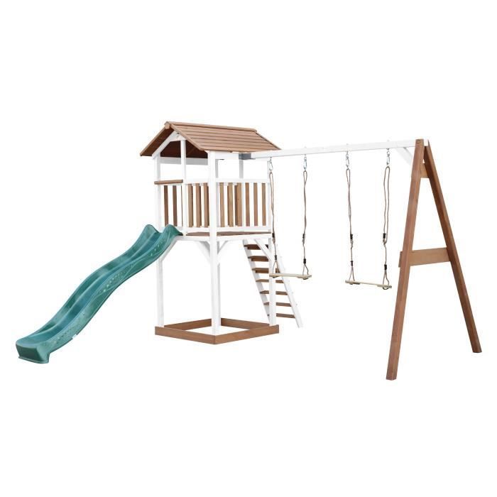 Área de juegos AXI Beach Tower con tobogán en color verde, 2 columpios y arenero | Casita de juegos exterior grande en color marrón y blanco