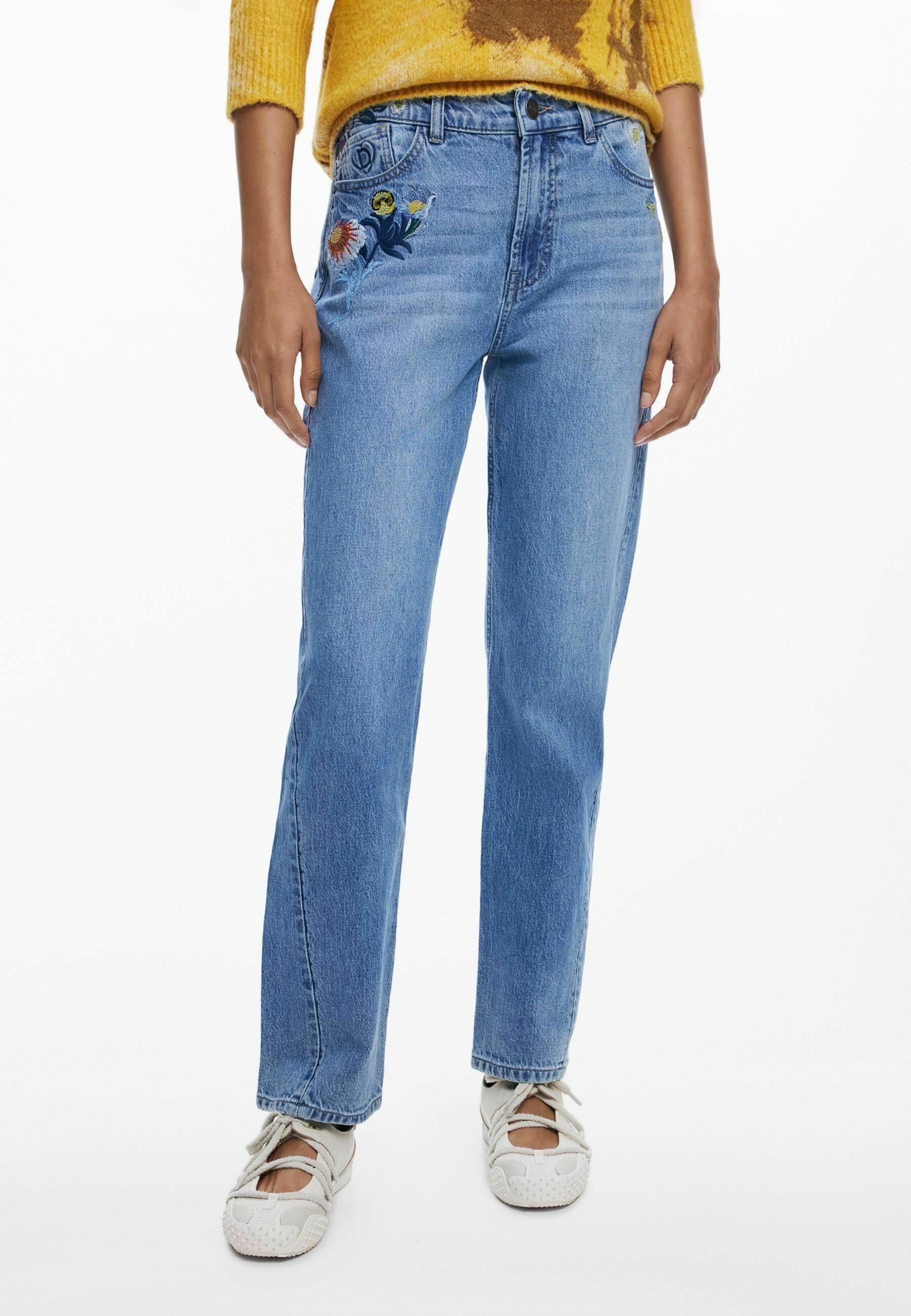 Desigual Jeans mit Blumenstickerei – Gerades Bein – blau