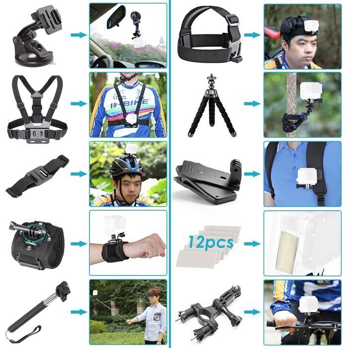 Kit di accessori 50 in 1 per action camera, compatibile con GoPro Hero9/8/7, Insta360, DJI Osmo e altri modelli.