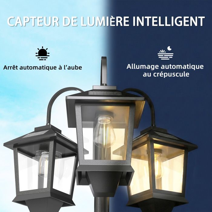 Lámpara de pie solar para exteriores Outsunny - 3 cabezales - Sensor automático crepuscular - IP44 - Aluminio - 188 cm - Negra