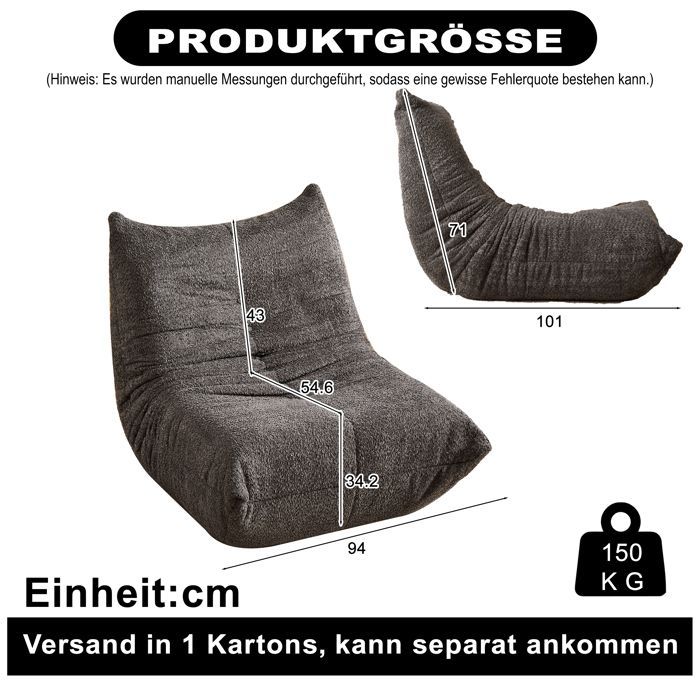 Zitzakstoel, Togo-stijl met traagschuim, eenvoudige bank voor woonkamer, slaapkamer en kantoor - 94x101x71cm, grijs