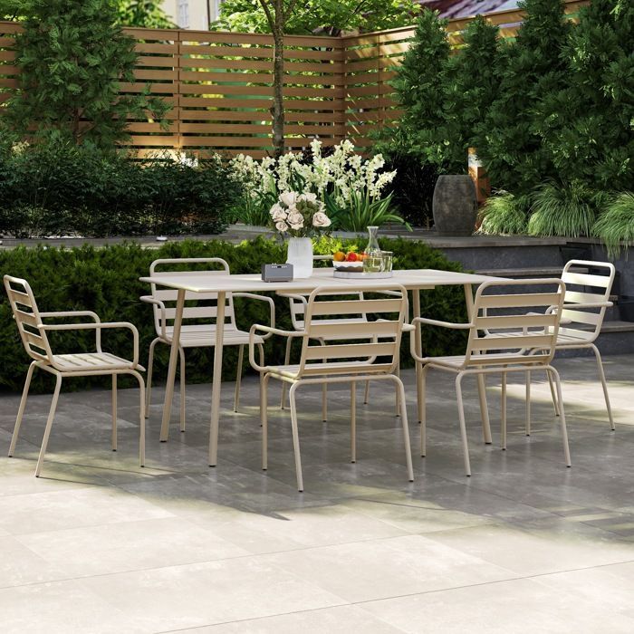 Salon de jardin - Outsunny - 7 pièces - avec 1 table et 6 chaises empilables - en acier - beige