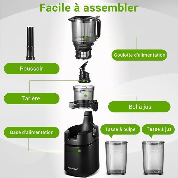 AMZCHEF No-Preparation Juicer, 135mm 1.8L Slow Juicer, 250W BPA-Free, Black