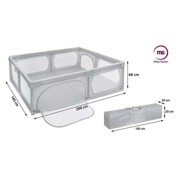 Moby-System Foldable Baby Playpen 200 x 140 x 68 cm grey with non-slip base, stable, waterproof protection, carrying bag