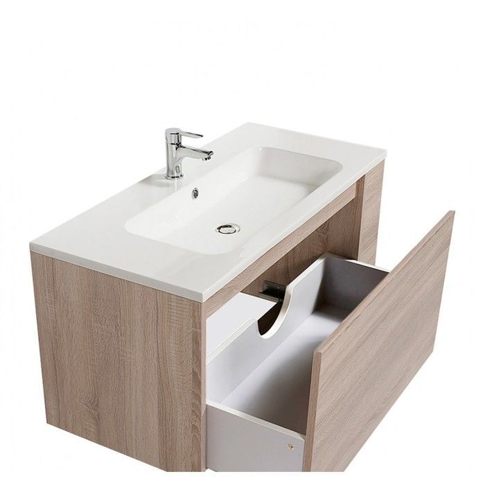 Mobile bagno VESNA con lavabo, specchio e colonna / Finitura rovere sbiancato