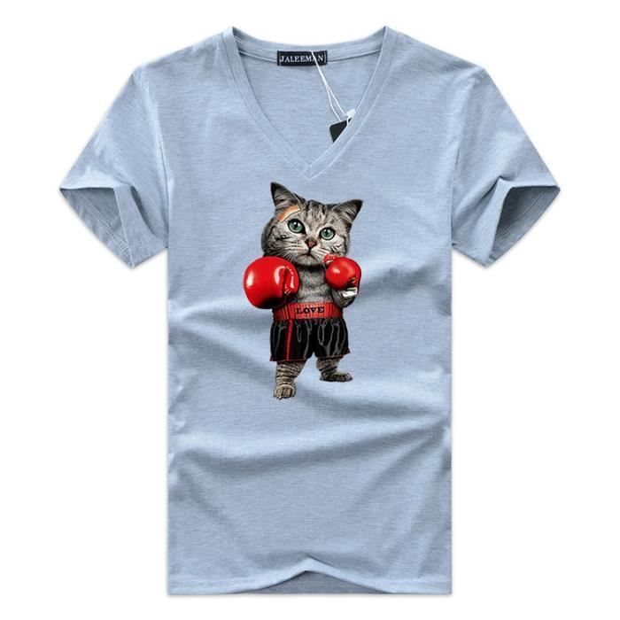 Men's V-Neck Short Sleeve Casual T-Shirt Summer Straight Cut Boxing Cat Print - Grey