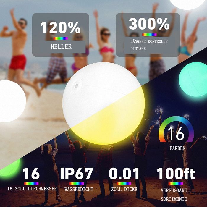 Pool Toys - 16-inch LED Inflatable Beach Ball, 16 Color Lights and 4 Lighting Modes, Distance