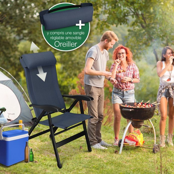 ELONEO Chaise de Camping Pliante avec Repose-Pieds Amovible, Dossier Réglable, Aluminium - Confort Jardin & Balcon, bleu