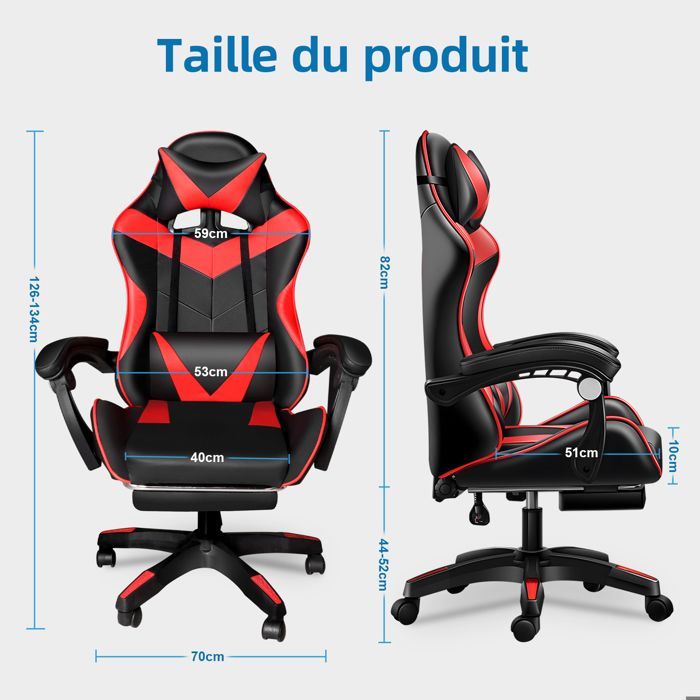 Chaise Gaming Ergonomique Fauteuil Gamer, Cuir PU Hauteur Réglable Inclinaison du dossier réglable avec Support Lombaire