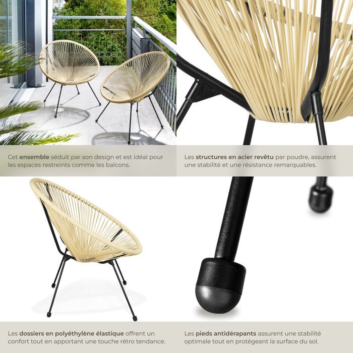 Fauteuils de jardin - TECTAKE - Lot de 2 chaises de jardin SANTANA avec Cordage élastique en polyéthylène 70,5 x 69 x 78 cm - Beige