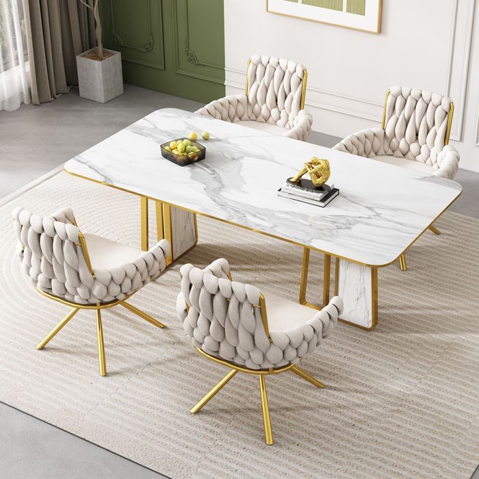 MODFU Juego de 6 sillas de comedor con 4 patas metálicas, sillas giratorias de ocio, terciopelo, color beige.