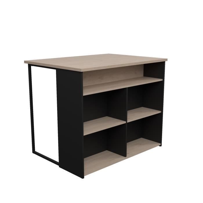 Îlot central BRUNCH - Décor chêne et noir - 5 espaces de rangement - Modulable - L 109,4 x P 79,7 x H 89,8 cm