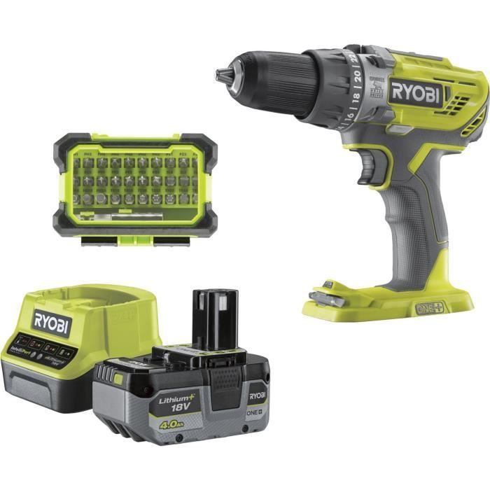 RYOBI - Taladro percutor inalámbrico ONE+ de 18 V - 50 Nm - 500-1800 RPM + batería de 4,0 Ah, cargador de 2,0 A, bolsa - R18PD3-140SA