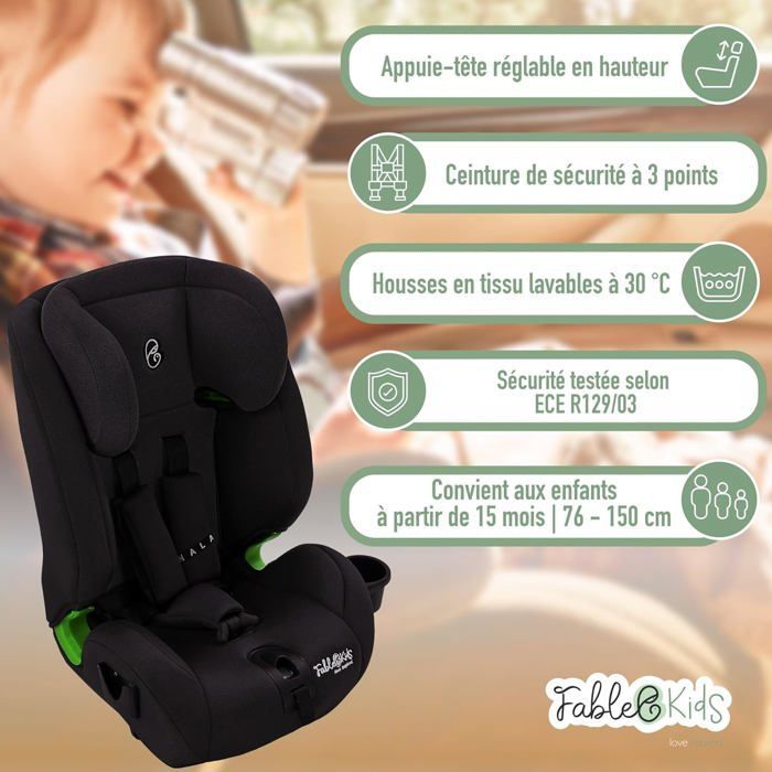 FableKids Siège auto pour enfants avec Isofix | Siège auto | Groupe 1/2/3 9-36 kg | Appuie-tête réglable en 8 positions | Noir