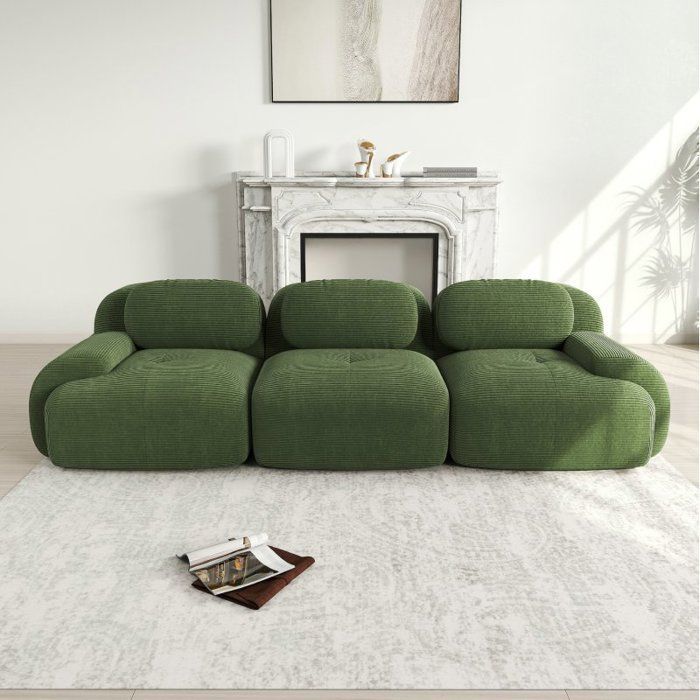 Sofá de 3 lugares - LANGTU - Sofá de canto modular - Veludo cotelê verde - Antiderrapante - Apoios de braço ergonômicos