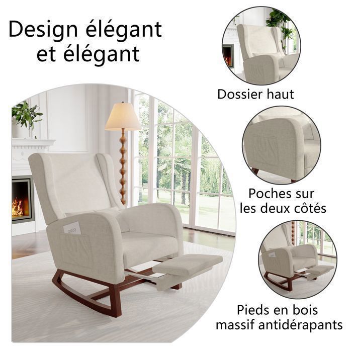 Sedia a dondolo - Poggiapiedi regolabile - Sedia per allattamento - con 2 tasche - Gambe in legno massello - Beige