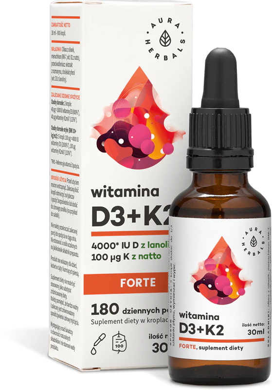 Aura Herbals Vitamina D3 4.000 UI + K2 FORTE, suplemento alimentar em gotas, para o bom funcionamento do sistema imunológico, saúde óssea e função muscular.