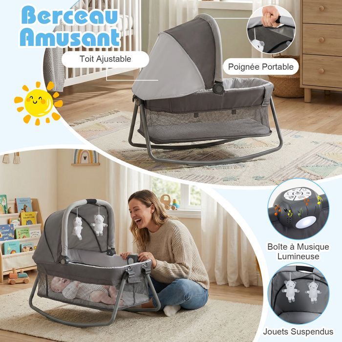 Lit Bébé Parapluie avec Matelas 5 en 1 COSTWAY-Berceau,Table à Langer-Lit de Voyage-Jouets Suspendus,Boîte à Musique-Roulettes-Gris
