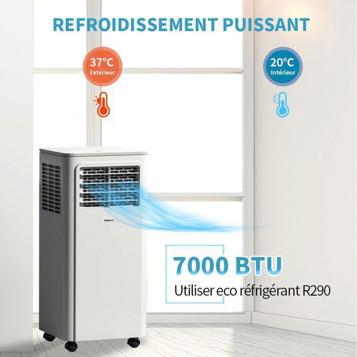 SHINCO 7000BTU Climatiseur Portable avec Fonction de Déshumidificateur, Ventilateur, Kit Fenêtre, Minuteur 24h