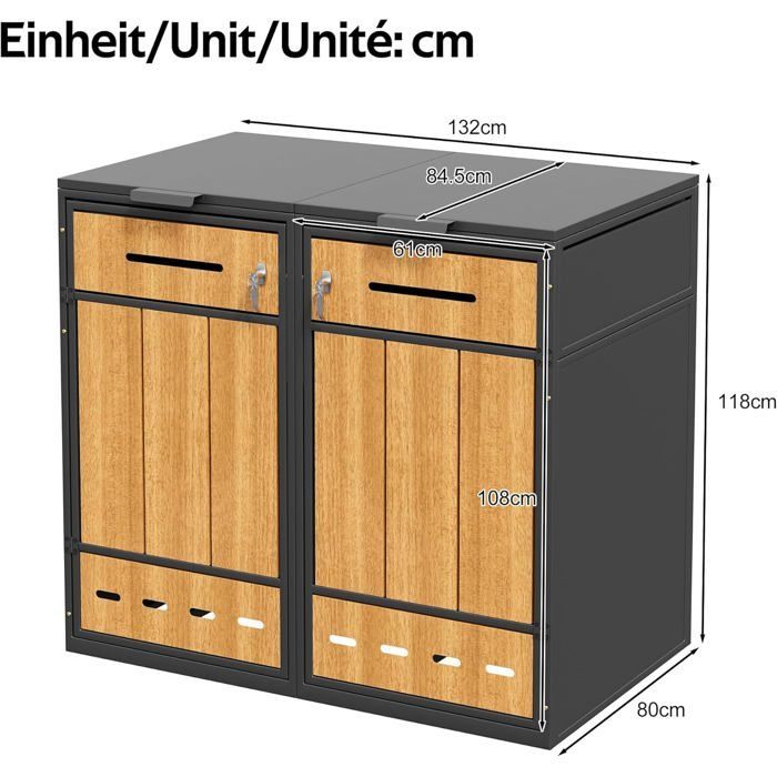 Bin enclosure for two 120-240L bins, wood-look divider cabinet, lockable, with ventilation system
