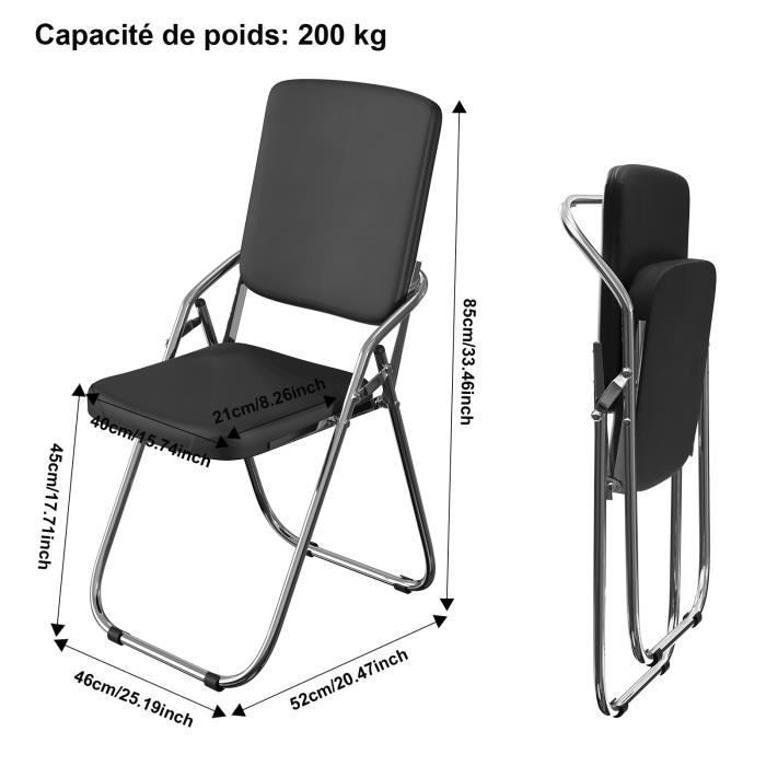 Chaise pliante confortable en métal et cuir noir - VIVOLILV - L 46 x P 52 x H 85 cm - Poids jusqu'à 200 kg