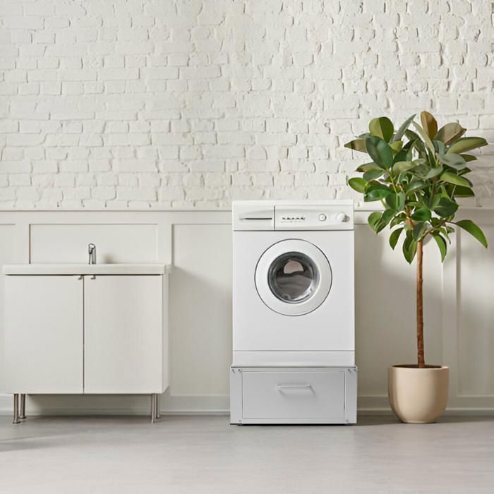 Vonia Washing Machine Base with Sliding Drawer - Standard Washing Machine Support - White