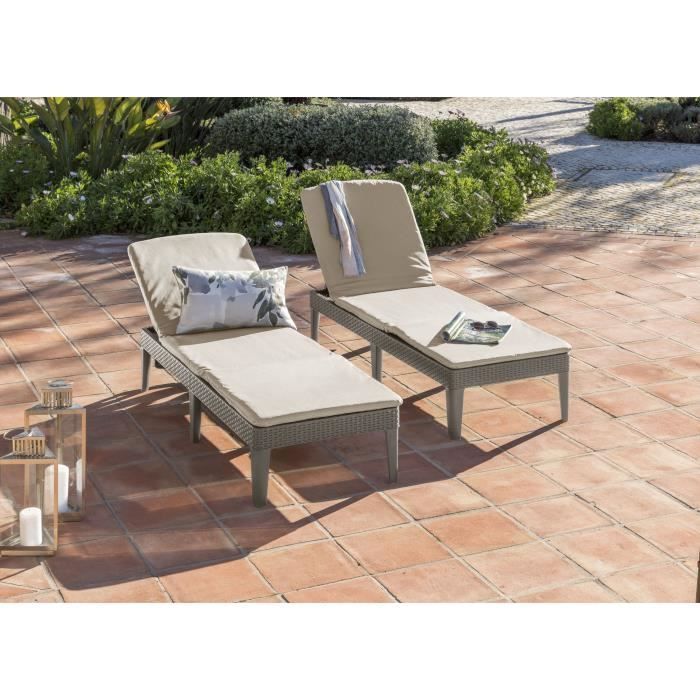 Lot 2 Bains de soleil JAIPUR - Résine imitation rotin tressé - Coussin - Dossier réglable - Beige cappucino - Allibert by Keter