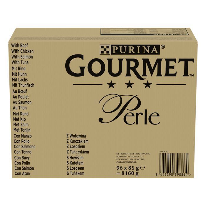 GOURMET PERLE Les Filettines Avec du Bœuf, Poulet, Saumon, Thon  - Sachets fraîcheur pour chat adultes - 96x85g
