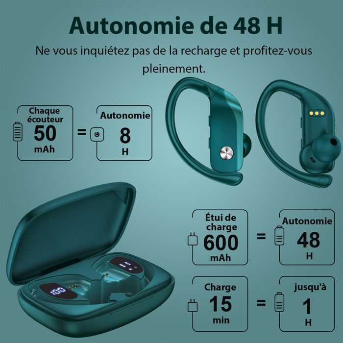 Écouteur Sans Fil Sportif VEATOOL Écouteur Bluetooth 5.1 Étanche IPX5 Son Stéréo Autonomie 48h Micro Intégré Vert