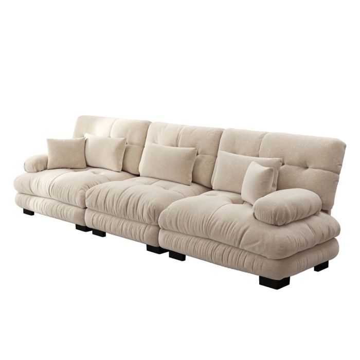 Sofá de canto modular - LANGTU - Sofá modular de 3 lugares - Assento profundo - Converte-se em cama - Estofamento em chenille castanho claro