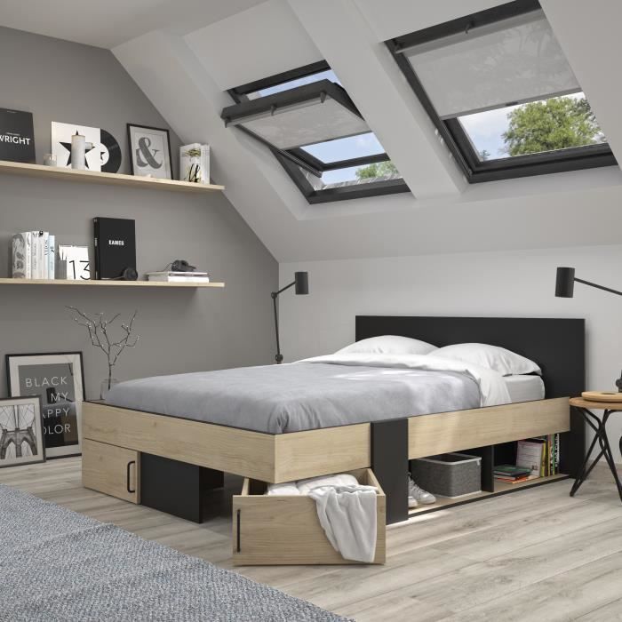 Cama adulta DIAGONE con cajones de almacenamiento - Castaño y negro - 160 x 200 - GIRATORIA