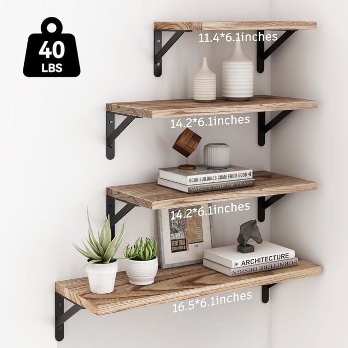 Lot de 4 Étagère Murale, Tablette Flottant, Étagère de Rangement Suspendue, pour Salon, Cuisine, Bureau, Salle de Bain
