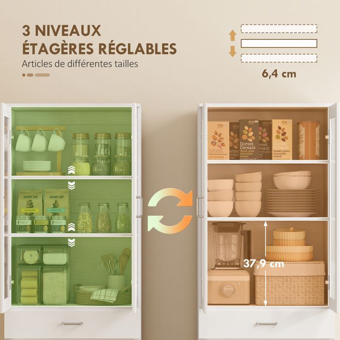 Aparador de cocina HOMCOM - 4 puertas (2 de cristal), cajones, estantes ajustables - aglomerado - 60x35x180cm - blanco