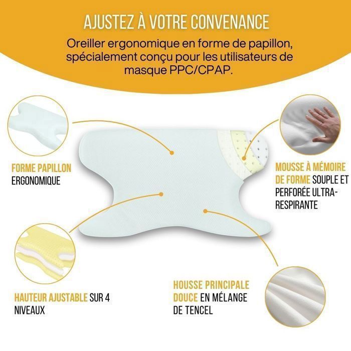 Oreiller Ergonomique - INPHYSIO - PPC/CPAP - Hauteur Ajustable 4 Niveaux - Mousse à Mémoire - Housse Douce