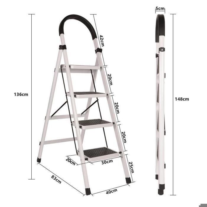 iDEGU 4-treden opvouwbare trap, antislip ladder met handgreep, stevige en brede voetplaat, draagvermogen tot 150 kg, zwart en wit