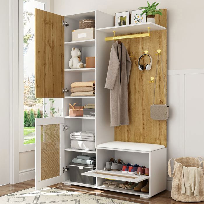 Móvel para hall de entrada com iluminação LED - TKOPY - Cabideiro para hall de entrada com espelho e espaço para armazenamento - Conjunto de cabideiro 110x38x190cm - Branco