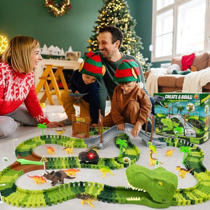 Pista de coches para niños - BLEOSAN - Pista de coches de dinosaurios para niños - 144 piezas - 14 dinosaurios - Coches LED
