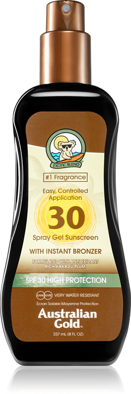 Protetor solar em gel spray Australian Gold com bronzeador instantâneo, FPS 30.