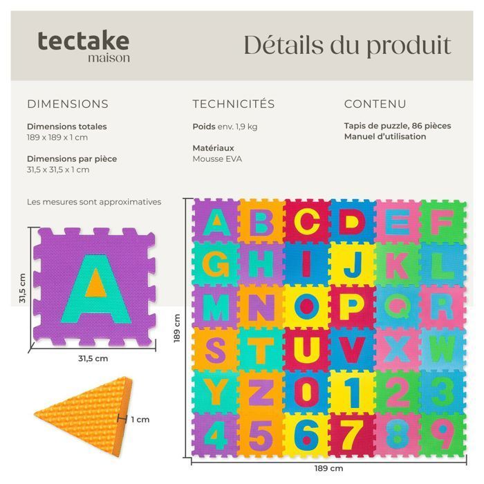 Tapis d'éveil - TECTAKE - Tapis puzzle en mousse pour enfant 86 pièces - 180 cm x 180 cm x 1 cm - Multicolore